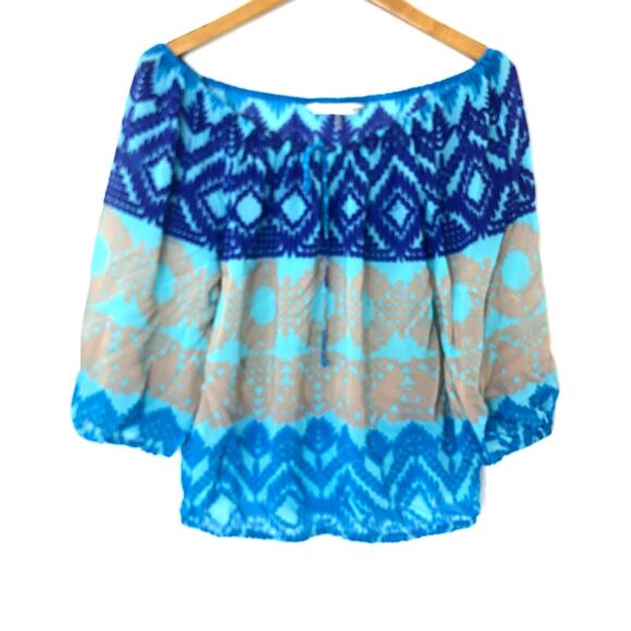 Trina Turk - Blue and Tan Print Silk Blouson Blouse - Small - Picture 1 of 9